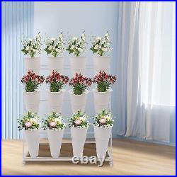 12PCS Buckets 3-Layer Metal Plant Stand Flower Display Stand with Wheels White