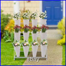 12PCS Buckets 3-Layer Metal Plant Stand Flower Display Stand with Wheels White