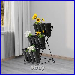12 x Buckets 3 Layers Metal Plant Stand with Wheels Black, Flower Display Stand