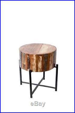 15 Inch Diameter Round Reclaimed Wood and Black Metal Stool 16 Inches Tall