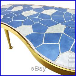 1950s Coffee Table Plant Stand Blue Gray Tiles Metal Gold Vintage Mid-Century