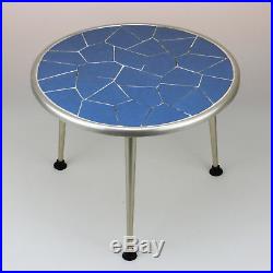 1950s Coffee Table Plant Stand Blue Gray Tiles Metal Gold Vintage Mid-Century