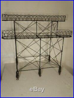 19th C. Antique wire plant stand. Garden Planter Metal Two Tier Turned Wood Feet