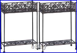 2 Beautiful Carved Flourished Design Rectangular Cast Iron Two Tier Plant Stands
