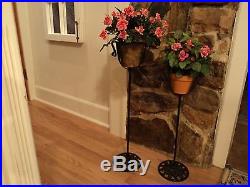 2 Matching Antique Wrought Iron Metal Plant Stands CAST LEAF vtg victorian RARE
