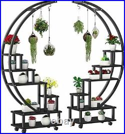 2 Pcs 6 Tier Tall Metal Indoor Plant Stand with 2 Pcs Black Half Moon