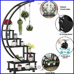 2 Pcs 6 Tier Tall Metal Indoor Plant Stand with 2 Pcs Black Half Moon