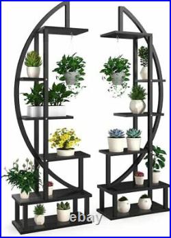 2 Pcs 6 Tier Tall Metal Indoor Plant Stand with Hanging 2 Pcs Black Half Moon