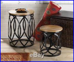 2 pc modern geometric black metal wood nesting end side table side plant stand