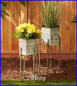 2pcs Galvanized Metal Rustic Flower Pot Bucket Plant Planter Stand Garden Decor