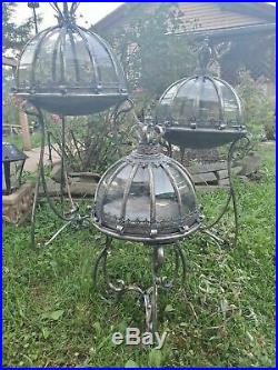 3 Glass Dome Terrariums Antique Frosted Silver Lanterns Metal Glass Decor Garden