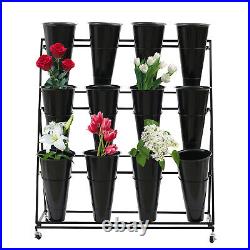3-Layer Black Metal Flower Plant Display Stand Shelf + Wheels 12 Flower Buckets