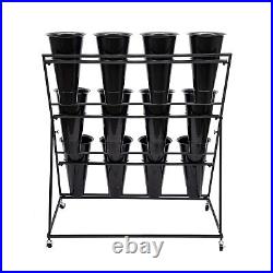 3-Layer Flower Display Stand Heavy Duty Metal Plant Stand with Wheels &12 Bucket