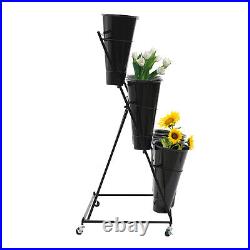 3 Layers Flower Display Stand 12 x Buckets Metal Plant Stand with Wheels Black