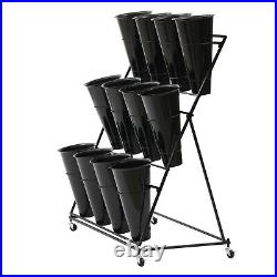3 Layers Flower Display Stand 12 x Buckets Metal Plant Stand with Wheels Black