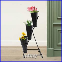 3 Layers Flower Display Stand with 12x Buckets Metal Plant Stand with Wheels Black