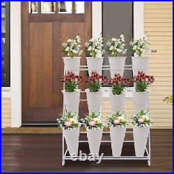 3 Layers Metal Plant Stand Flower Display Shelf Outdoor Rack with Wheels & Bucket