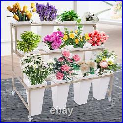 3 Layers Metal Plant Stand Flower Display Stand + 12 Square Buckets with Wheels