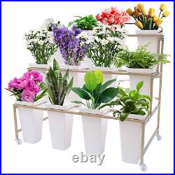 3 Layers Metal Plant Stand Flower Display Stand + 12 Square Buckets with Wheels