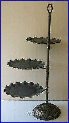 3 Stand Round Iron Metal Swivel Plant Stand Green Patina Heavy Scallop Pie Style