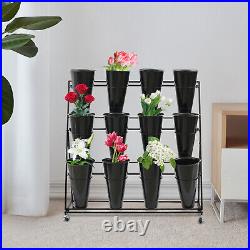 3-Tier Black Metal Flower Plant Display Stand Shelf 12 Flower Buckets With Wheels