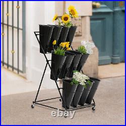 3 Tier Black Metal Flower Plant Display Stand Shelf 12 Flower Buckets With Wheels
