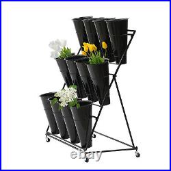 3 Tier Black Metal Flower Plant Display Stand Shelf 12 Flower Buckets With Wheels