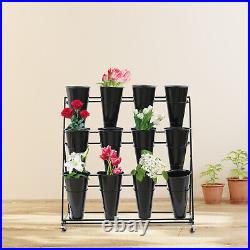 3-Tier Black Metal Flower Plant Display Stand Shelf with Wheels&12 Flower Buckets