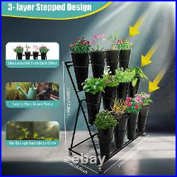 3-Tier Black Metal Flower Plant Display Stand Shelf with Wheels 12 Flower Buckets