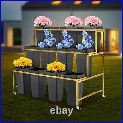 3-Tier Metal Flower Plant Display Stand Shelf with Wheels+12 Flower Buckets Black