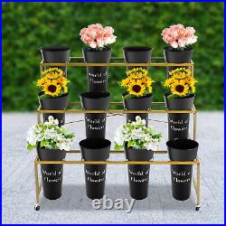 3 Tier Rolling Shelf Plant Stand Metal Flower Display Stand Potted with 12 Buckets