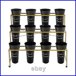 3 Tier Rolling Shelf Plant Stand Metal Flower Display Stand Potted with 12 Buckets