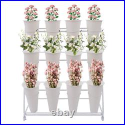 3-Tier White Metal Flower Plant Display Stand Shelf 12 Flower Buckets With Wheels