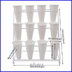 3-Tier White Metal Flower Plant Display Stand Shelf 12 Flower Buckets With Wheels