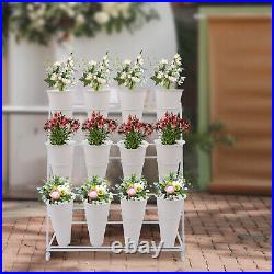 3-Tier White Metal Flower Plant Display Stand Shelf with Wheels 12 Flower Buckets