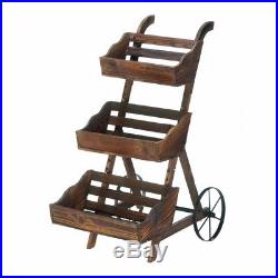 3-Tier Wooden Country Cart Plant Stand Use Indoors or Outdoor