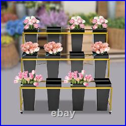 3-Tiers Metal Flower Plant Display Stand Shelf with Wheels+12 Flower Buckets Black