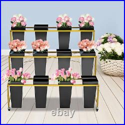 3-Tiers Metal Flower Plant Display Stand Shelf with Wheels+12 Flower Buckets Black
