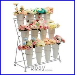 3 Tiers Metal Plant Stand Flower Display Shelf Rack With Wheels & Bucket