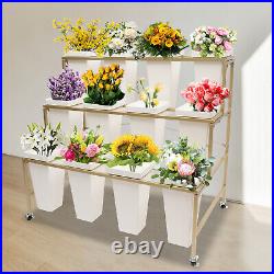 3 Tiers Metal Plant Stand Flower Pot Display Holder Shelf With Wheels and Bucket