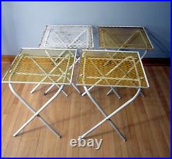 4 Metal White Mesh Outdoor Vtg Patio Folding Table Plant Stand Set Square MCM