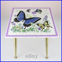50s Mid-Century Coffee Table Hand Painted Tile 12x12 Brass Plant Stand Modern