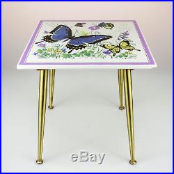 50s Mid-Century Coffee Table Hand Painted Tile 12x12 Brass Plant Stand Modern