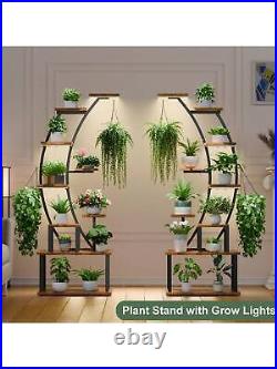 64 9-Tier Plant Stand with Grow Lights Indoor Metal Shelf Brown