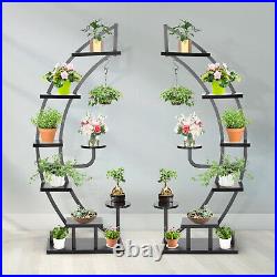 6-Tier 9 Potted Steel-Wood Plant Stand Curved Flower Pot Holder Shelf with Hanger