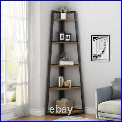 70 inch Tall 5 Tier Rustic Corner Bookshelf Corner Ladder Shelf Plant Stand JY
