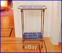 ANTIQUE IRON AND VINTAGE BLUE TILE TALL STAND Plant Stand