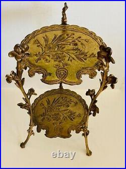 Antique 1880's French Victorian 2-Tier Gold Gilt Iron Brass Plant Stand NICE
