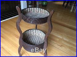 Antique/19th Century Two Tier wood/metal plant stand/fabric lined/hand tooled