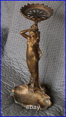 Antique 20 Cast Metal Plant Stand Art Nouveau Lady in Shell Heavy 9 Pounds
